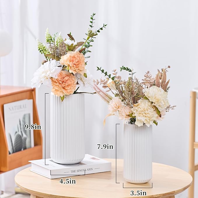 White Ceramic Flower Vase for Pampas Grass, 8 inch Small Decorative Centerpiece Ribbed Vase for Dining Table, Office Desktop, Shelf Bookshelf, Mantel, Entryway, Bathroom, Countertop, Farmhouse, Gift