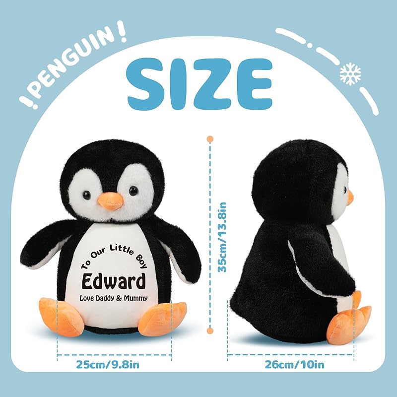 Custom Penguin Stuffed Animal with Name Date, 13.8" Personalized Cute Penguin Plush for Boy Girl Kids Birthday Christmas Bedtime Gifts