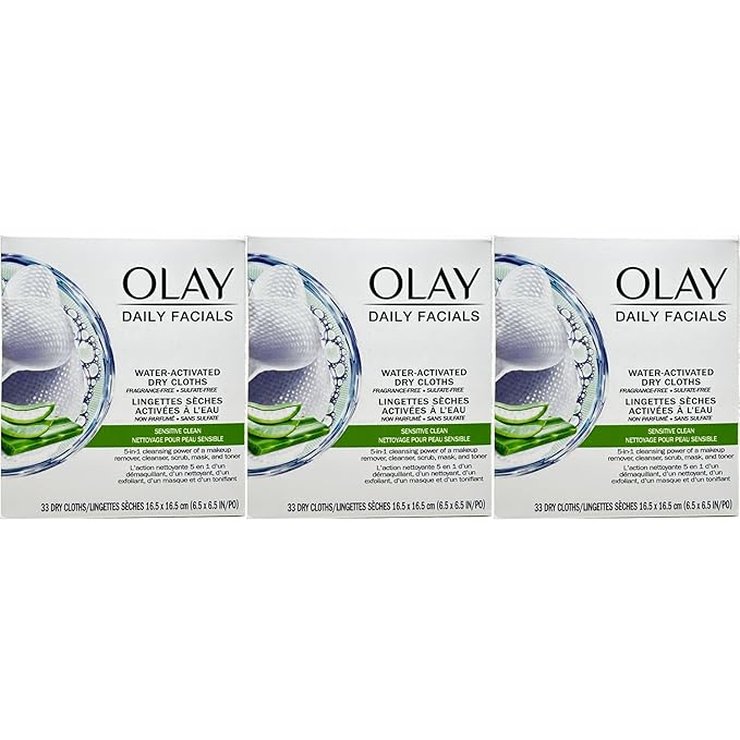 OLAY Daily Gentle Clean 5-in-1 Water Activated Cloths, 33 Count (Pack of 3)