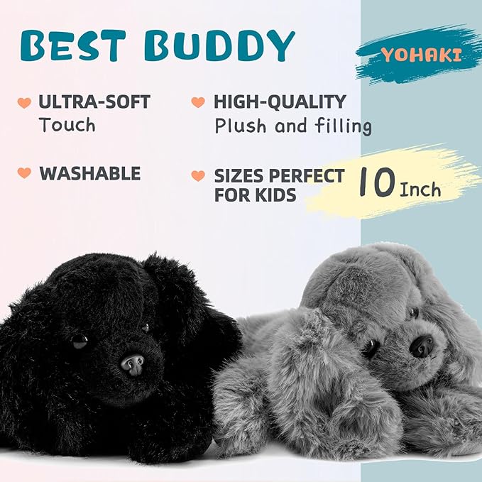 Plush Puppy Dog Set - 2 Pack 10 Inch Soft & Fluffy Stuffed Animal Dogs, Huggable Black & Gray Plush Puppies, Cuddly Toy Gift for Kids & Dog Lovers, Machine Washable & Ultra-Soft