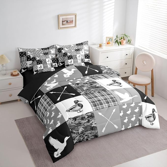 Feelyou Grey Hunting Camo Comforter Set with Sheets 7 Piece Full Size Camouflage Duck Bedding Set for Kids Boys Girls Wild Animal Hunter Bed in a Bag Room Decor Soft Lightweight Microfiber