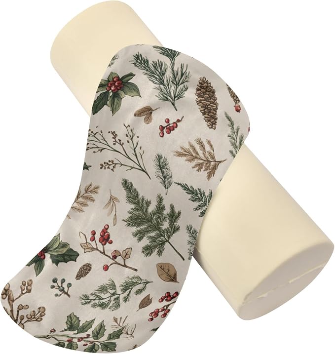 Beige Winter Holly Leaves Pine Needles Pinecones Neck Roll Pillow Bolster Round Health Memory Foam Long Cervical Cylinder Pillows with Removable Washable Cover for Body Bed Legs Back Yoga