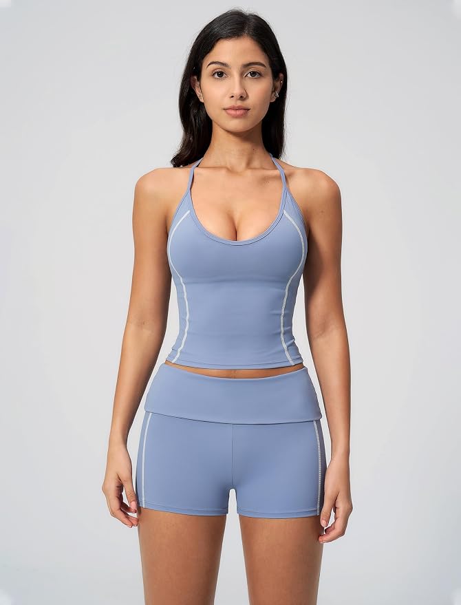 QBGJTD Women 2 Piece Workout Set Color Block Open Back Halter Top and High Waist Booty Lifting Shorts Yoga Outfit