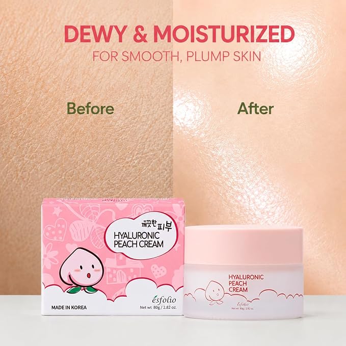 esfolio made in Korea Hyaluronic Peach Cream 2.82 Oz, Lightweight Daily Facial Moisturizer with Hyaluronic Acid and Peach Extract, Fast Absorbing Hydration Cream for Dry and Normal Skin