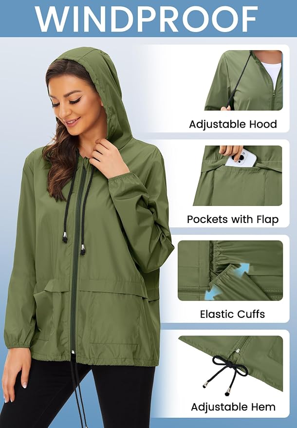 Zando Lightweight Rain Jacket Women Packable Waterproof Raincoat with Hood | Windbreaker Jacket Women, Light Raincoats for Drizzle, Rain Coats for Travel, Hiking and Commute