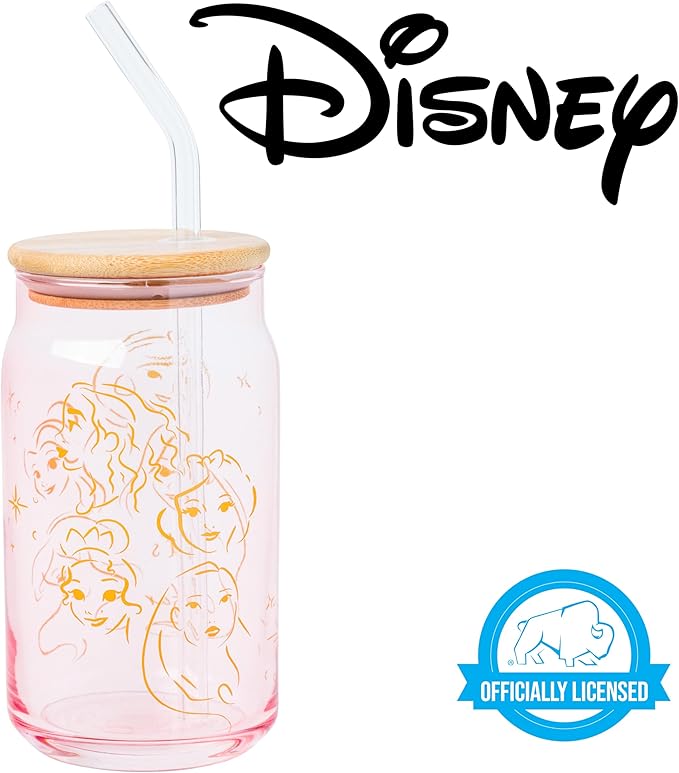 Silver Buffalo Disney Princess Glass Tumbler with Bamboo Lid and Glass Straw Featuring Pocahontas, Tiana, Snow White, Ariel, Belle, Jasmine, Rapunzal, Cinderella, and Moana, 16 Ounces