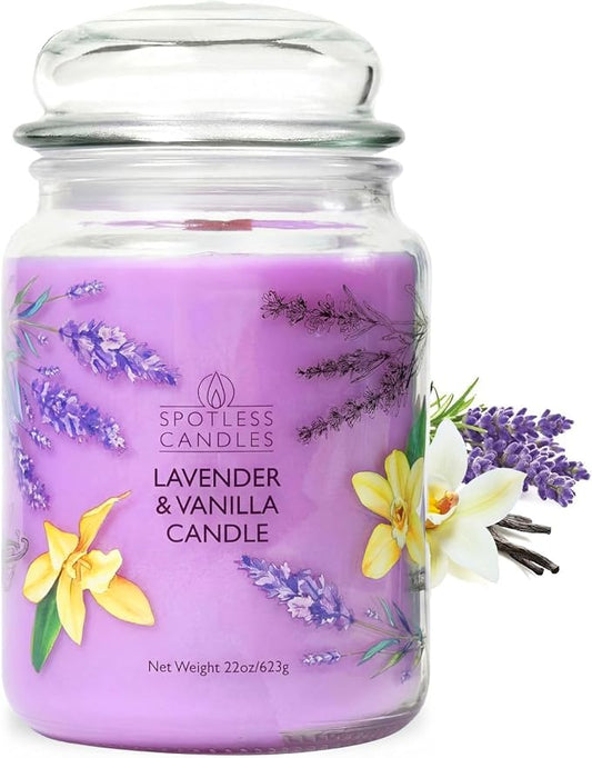 Spotless Leopard Vanilla & Lavender Candle 22oz Glass Jar with Wooden Wick in a Decorated Jar Within a Presentation Gift Box and Protective Shipping Box