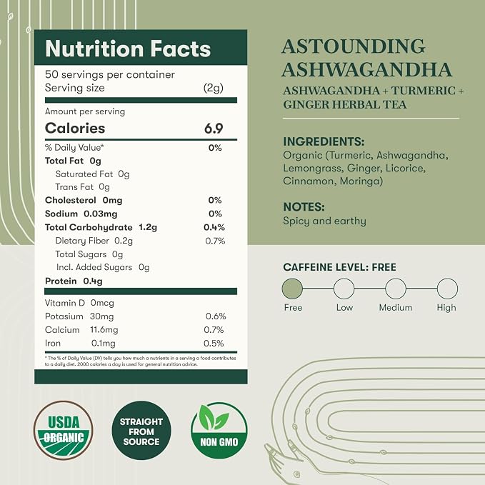 Luxmi Estates Ashwagandha Turmeric | Organic Adaptogen Tea | Stress Relief & Immunity Support | 50 Biodegradable Tea Bags | 100g/3.52oz