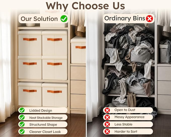 Storage Bins with Lids - Large Fabric Closet Bins with Lid, 5 Pack Clothes Organizers and Storage, Collapsible Stackable Cube Basket for Home, Office, Dorm, Beige