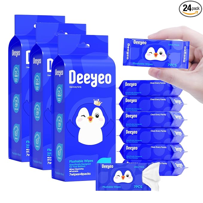 Deeyeo On-the-Go Flushable Butt Wipes, 168 Count (24 Packs of 7) | 99% EDI Purified Water Wipes for Sensitive Skin, Septic and Sewer Safe,Travel Essentials for Adults & Kids