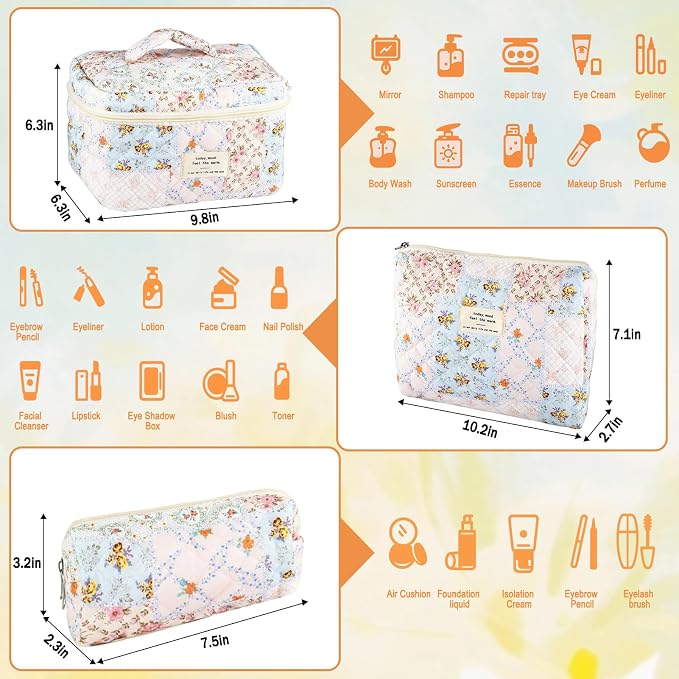 URSKYTOUS 3Pcs Cotton Quilted Makeup Bag for Women Girls Large Small Travel Floral Cosmetic Bags Set Cute Coquette Makeup Pouch for Purse Aesthetic Cloth Bee&Flower Storage Toiletry Bag Organizer