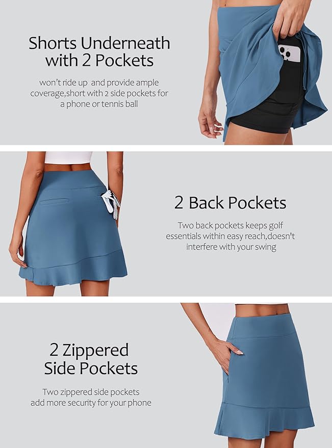 PINSPARK 18" Golf Skorts for Women with 6 Pockets Ruffle Athletic Skort | Above the Knee,High Waist,UPF 50+,4-way Stretch,Lightweight,Ruffle Hem,Tennis,Casual,Work,Pickleball