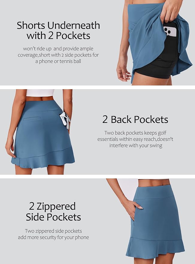 PINSPARK 18" Golf Skorts for Women with 6 Pockets Ruffle Athletic Skort | Above the Knee,High Waist,UPF 50+,4-way Stretch,Lightweight,Ruffle Hem,Tennis,Casual,Work,Pickleball