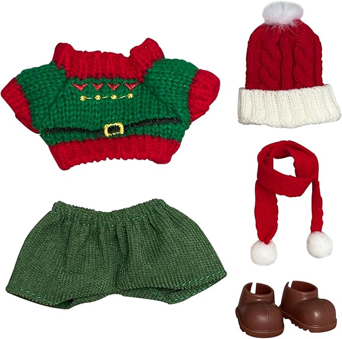 Christmas Sweater Outfit for Dolls, Red Green Knit Set with Santa Hat Scarf Pants, Holiday Party Doll Clothes Costume