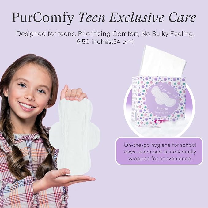 PurComfy Teens Period Pads with Wings for Tweens, Organic Cotton Sanitary Pads for Teen Girls 9-14, Teen Regular, 18 CT