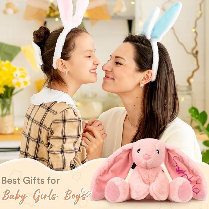 Personalized Bunny Plush for Kids Custom Bunny with Embroidered Name, Stuffed Animal for Toddler 1-3+ Girls Boys Bunnys Plush Toys Personalized Baby Newborn Kids Gifts for First Birthday Easter