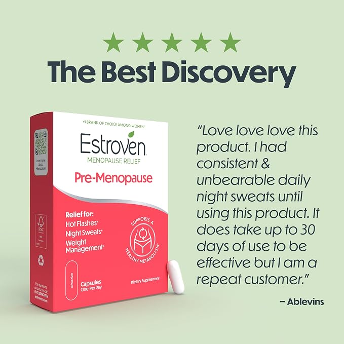 Estroven Pre-Menopause Relief, 30 Ct., Clinically Proven Ingredients, Provides Menopause Relief plus Night Sweats & Hot Flash Relief, Drug-Free or Estrogen Free