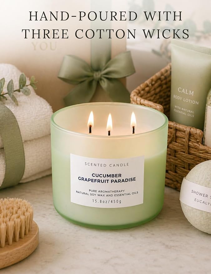 Cucumber Grapefruit Melon 3-Wick Soy Summer Scented Candle for Home 15.8oz | Citrus, Apple & Green Notes, Crisp & Fresh, Clean Burn, Large Scented Candles for Bedroom, Bathroom & Spa, Gift for Women
