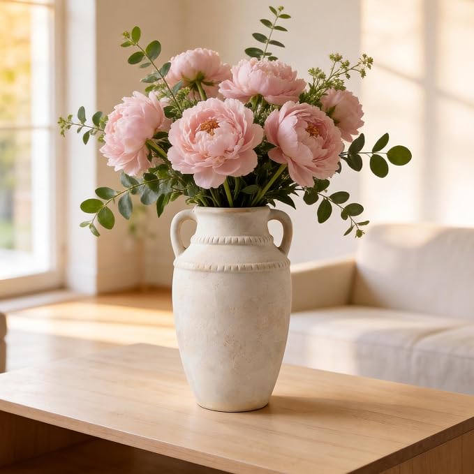 Ceramic Flower Vase, 10.2" Rustic Farmhouse Vase for Home Decor, Glazed Pottery Vase for Fresh Flowers, Pampas Grass, Coffee Table, Dining Table, Mantel and Bookshelf