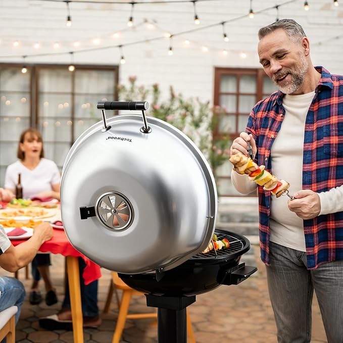 Electric Outdoor Grill Techwood 15-Serving Indoor/Outdoor Electric Grill for Indoor & Outdoor Use, Double Layer Design, Portable Removable Stand Grill, 1600W, Silver
