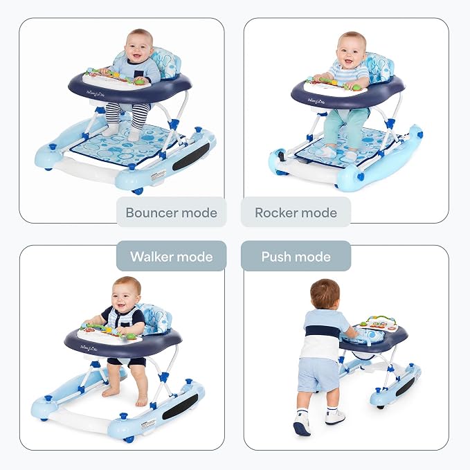 Dream On Me Go-Getter Baby Walker with Rear Push Handle, 2-in-1 Activity Walker and Walk-Behind, 3 Height Adjustments, Easy to Fold, Machine-Washable Seat Pad, Detachable Fun Tray, Blue