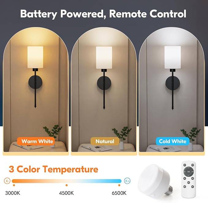 20.67 inch Battery Operated Wall Sconce Set of 2, Black Rechargeable Wall Lights with 10400mAh Dimmable Bulbs and Remote, 9 Colors Wireless Wall Lamps for Bedroom Living Room Hallway