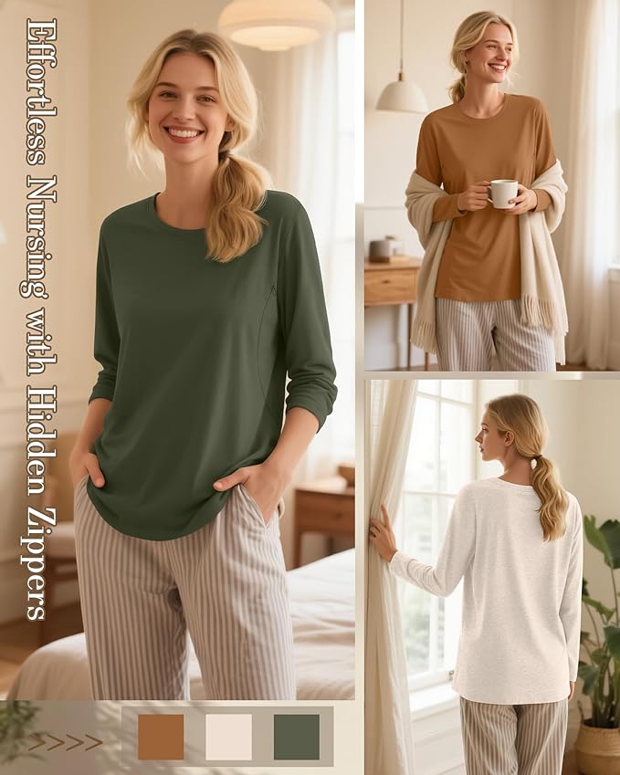 3 Pack Nursing Tops for Breastfeeding Maternity Shirts Zipper Long Sleeve Round Neck Knit Casual Nursing Clothes