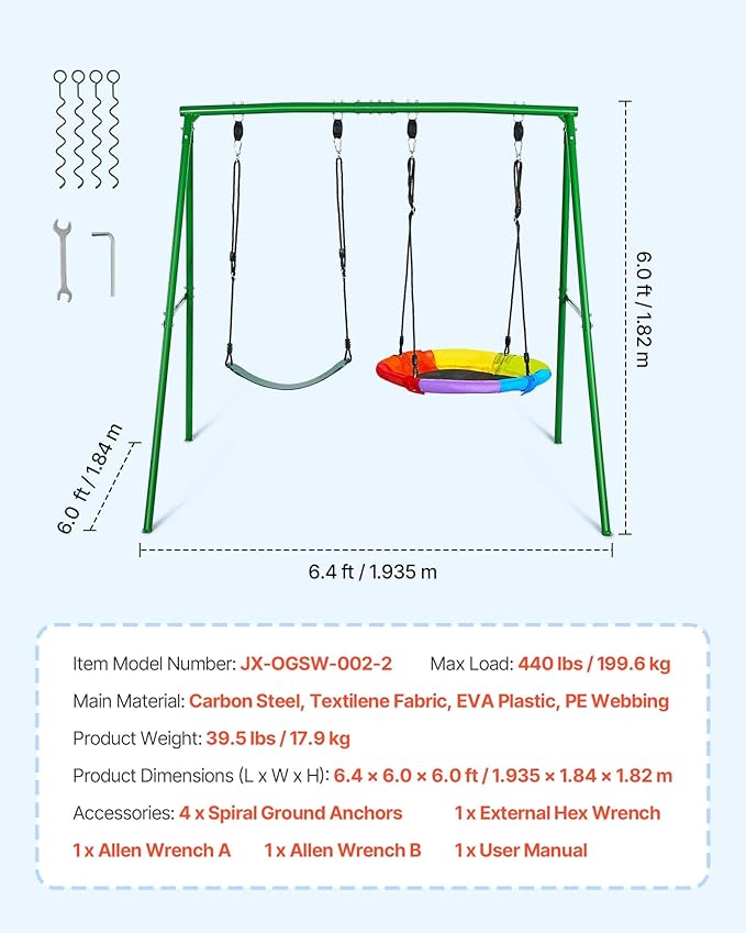 VEVOR Swing Set for Backyard, 32 in Saucer Swing Seat and Belt Seat, with Heavy Duty A-Frame Metal Stand, 440 lbs Load Capacity, Reinforced with Spiral Ground Anchors, Swingset Outdoor for Kids