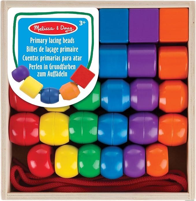 Melissa & Doug Primary Lacing Beads - Educational Toy with 30 Wooden Beads and 2 Laces for Toddlers, Fine Motor Skills Lacing Toys for Toddlers and Kids Ages 3+
