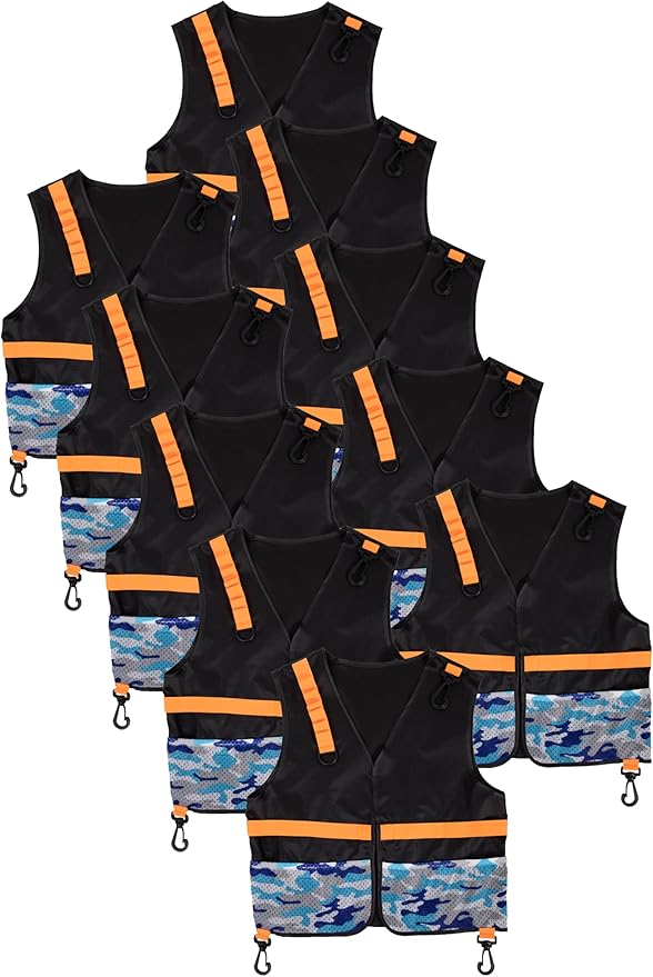Little Adventures 10 Count Set of Child Blue Camo Tactical Vest Pretend Play and Party Pack for Ages 3-8