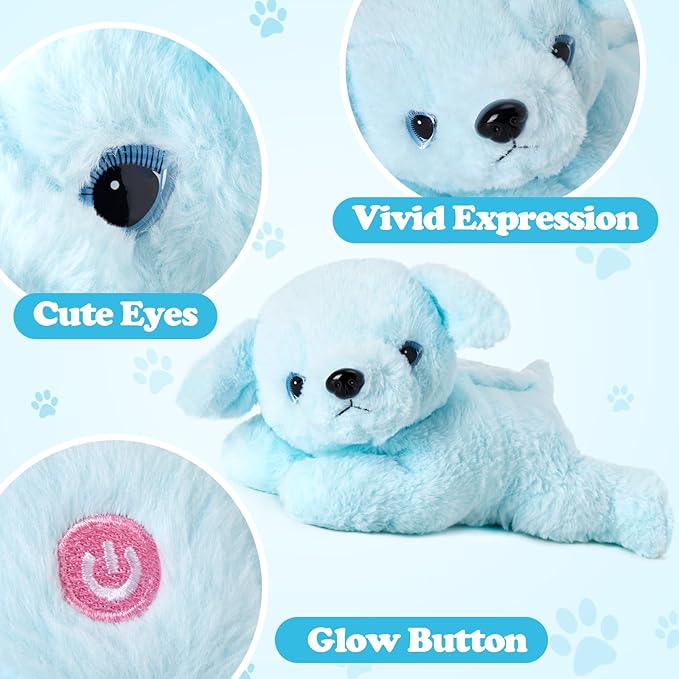 Glow Guards 15'' Blue Light up Puppy Dog Stuffed Animal Soft Plush Toy Pillow with LED Night Lights Glow Bedtime Pal Christmas Children's Day Birthday Gifts for Toddler Kids