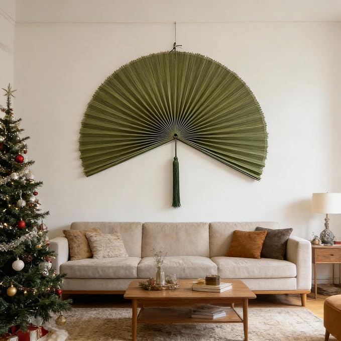 ChumDecor Bamboo Fan Wall Decor, Japanese Wall Fan Art, Army Green 60 in | Large Bamboo Fan Wall Art For Boho Hanging Headboard And Above Bed Decor Giant Japanese Style Folding Fan Easy To Hang
