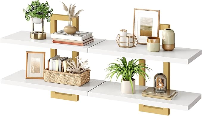 HOOBRO Floating Shelves, 15 Inch Wall Shelf Set of 2, Wall Mounted Storage Shelves 2-Tier, Hanging Bathroom Shelves, for Living Room, Bedroom, Bathroom, Kitchen, White and Gold DW32BJ01
