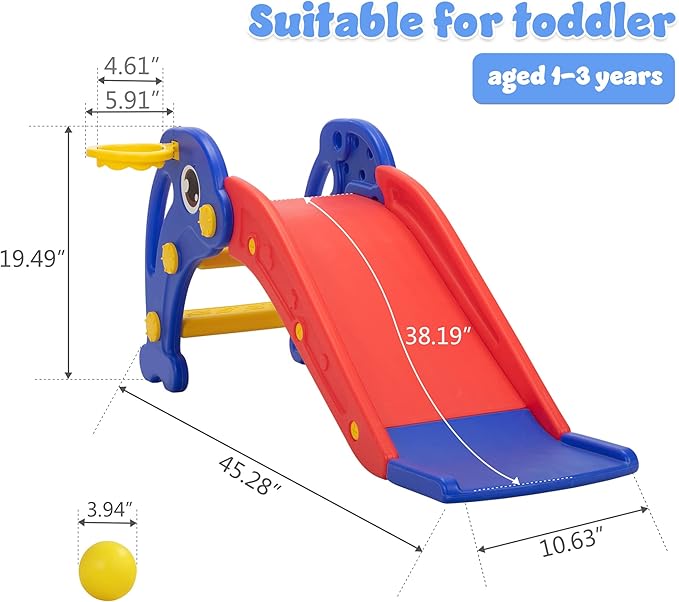NYEEKOY 3 in 1 Toddler Slide, Baby Slide Plastic Climber Playset with Basketball Hoop and Ball, Indoor and Outdoor Playground for Kids Red