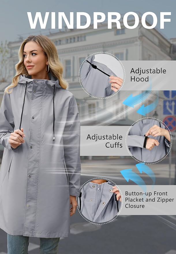 Zando Long Packable Rain Jacket Women Waterproof Raincoat with Hood | Relaxed-Fit Lightweight Windbreaker for Women; Travel Rain Coats for Commute, Hiking, Cruise, and Daily wear