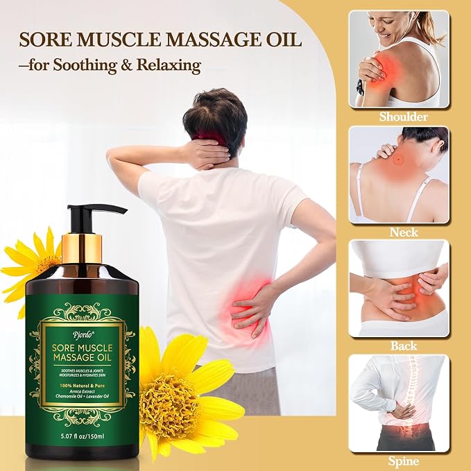 Pjordo 3 Pack Massage Oil for Massage Therapy, Lavender Oil for Relaxation, Sore Muscle Arnica Oil & Cellulite Massage Oil, with Massage Roller Ball & Thumb Saver Tool, Massage Kit for Him Her