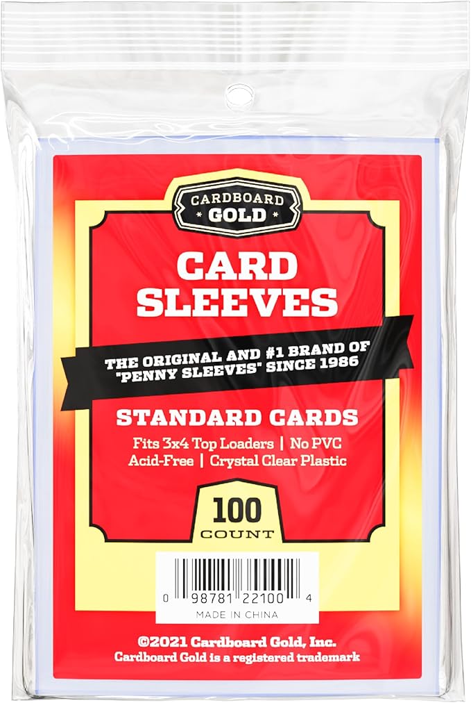 Cardboard Gold Penny Sleeves for Trading Cards - 100 Count Card Protector Sleeves with Durable, Crystal-Clear Plastic for Baseball, Sports, Collector, Standard-Sized Cards 2-5/8” x 3-5/8” (67x94mm)