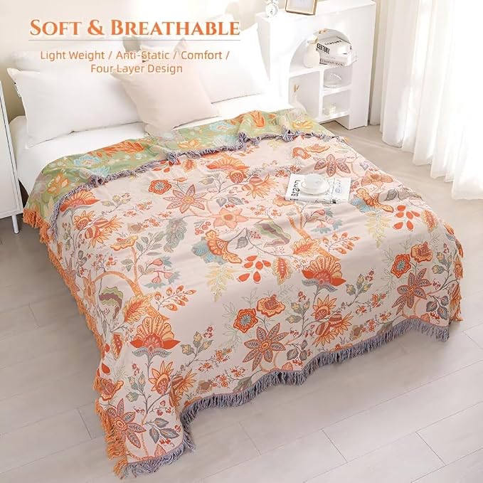 Boho Throw Blanket for Bed 100% Cotton Bohemian Blankets Ultra Soft Woven Muslin Decorative Blankets All Seasons Vintage Quilt Knitted Blanket for Sofa Chair(Orange, 60"x80")