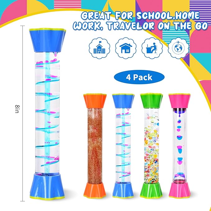 FKYTION Cool Tubes Toy Liquid Motion Bubbler 4-Pack, Colorful Sensory Toys, Classroom Learning & Time Management, Home or School Desktop Toys