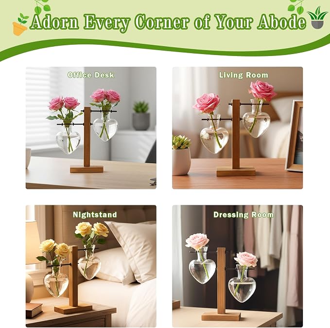 XXXFLOWER Plant Propagation Station Terrarium Wooden Stand 2 Love Bulb Vase | Flower Glass Vase Plant Desktop Holder, Home Garden Office Decor for Birthday Gift for Women Plant Lover