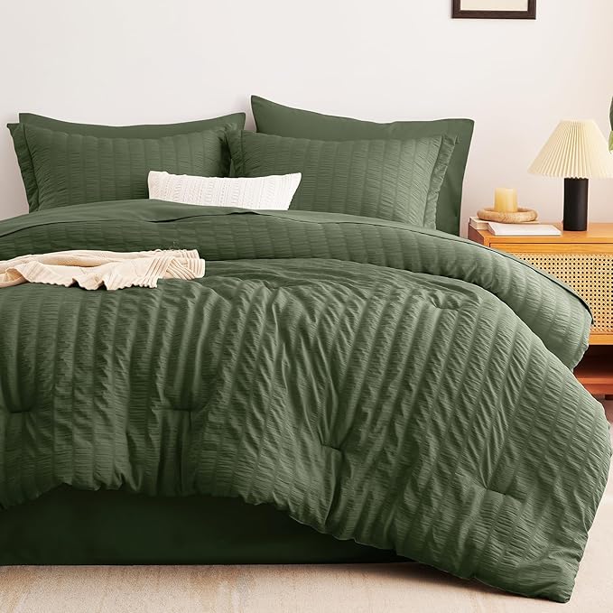 CozyLux King Size Comforter Set Olive Green Seersucker 7 Pieces Bed in a Bag King Comforter Set with Sheets, Luxury Soft Bedding Sets with Down Alternative Comforter, Sheets, Pillowcases & Shams