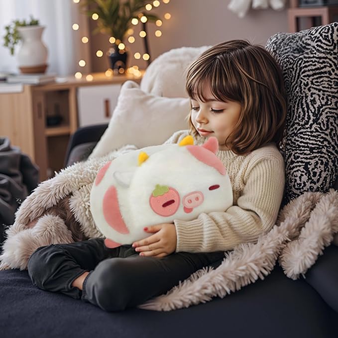 Mewaii Strawberry Cow Plush Pillow, Kawaii Cow Stuffed Animals, Cute Plushies for Girls, Soft Pink Cow Plush, Birthday Gifts for Kids Adults Teens (8 Inch)