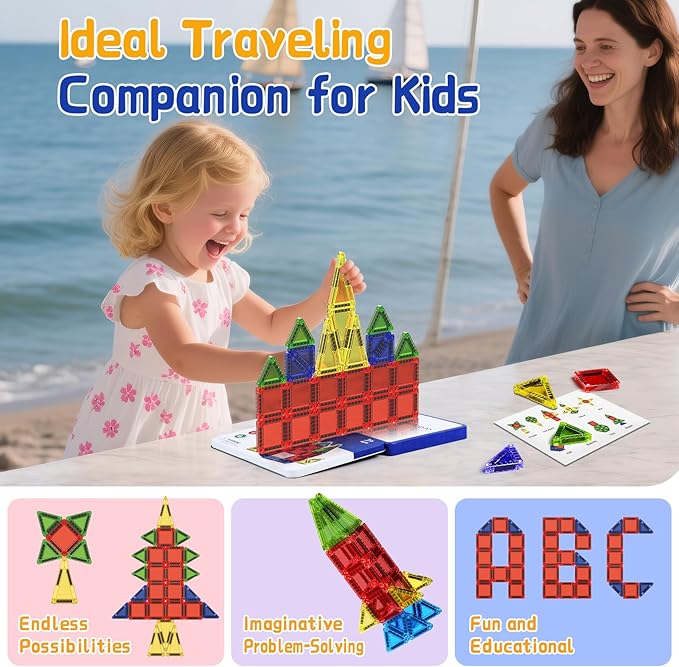 Travel Mini Magnetic Tiles 26 PCS, STEM Magnetic Building Toys for Kids Ages 4-8 with Iron Case, Blocks Building Preschool Learning Sensory Montessori Toys for 3+ Year Old Boys and Girls