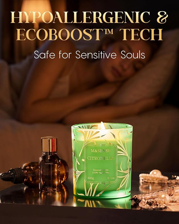 M&SENSE Citronella Soy Candle, 8.1oz Gilded Glass, Outdoor Summer Refresh | 42H Slow Burn, Crisp Citronella, Non-Toxic, Phthalate Free, Warmer Safe, Reusable Patio Glass