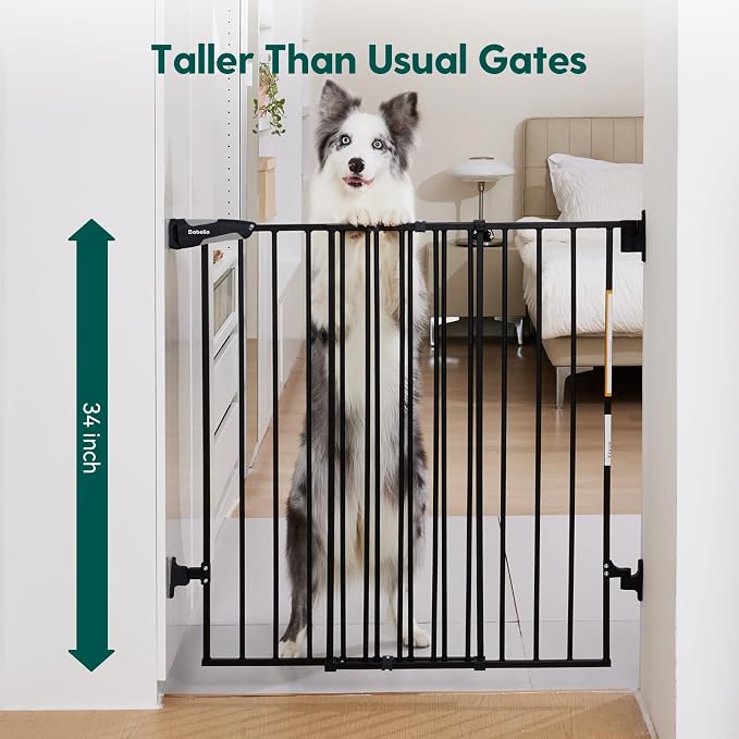 Babelio Baby Gate for Stairs & Doorways, 26-43" W 34" H Extra Tall| No Bottom Bar| Easy Installation| One-handed Operation| Auto-close| Hardware Mount (Drill Needed) Safety Dog/Pet Gate Indoor (Black)