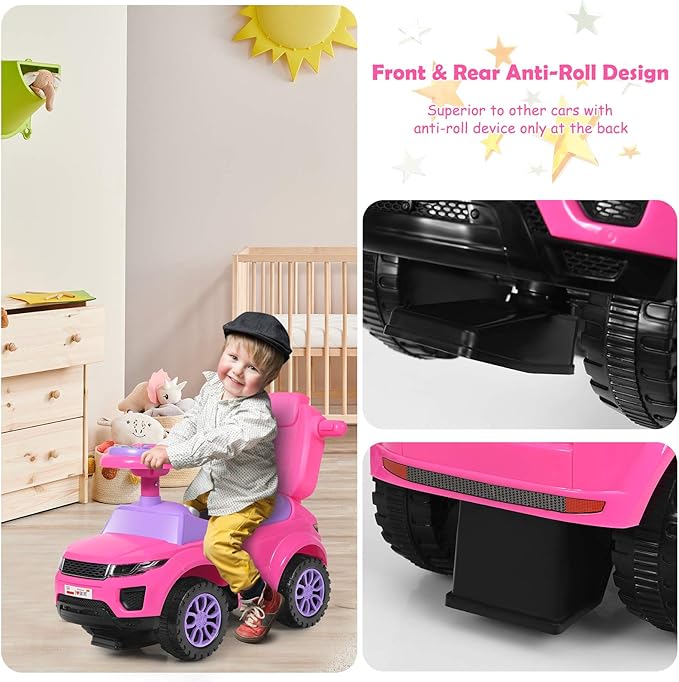 GLACER Push Cars for Toddlers 1-3, 3-in-1 Kids Sliding Car with Detachable Guardrail, Horn, Music, Lights, Storage Box and Anti-Roll Design, Ride on Push Car for Boys Girls (Pink)