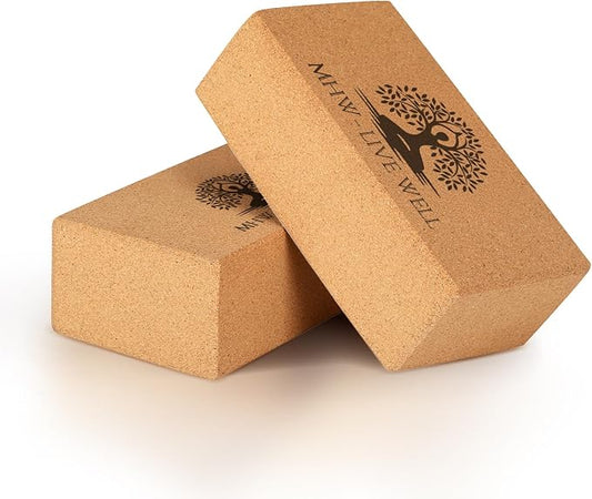 MHW - LIVE WELL Cork Yoga Block – Natural Anti-Slip Yoga Block for Stability & Deepening Poses - 9x6x3 Inches, Single (Cork, Pack of 2)