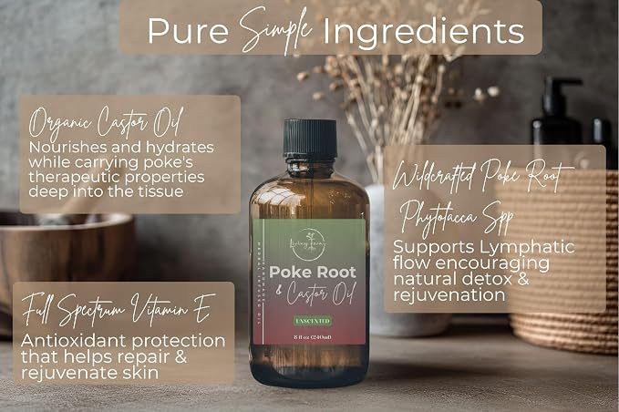 Organic Poke Root & Castor Oil | Vegan Lymphatic Support | Cysts, Boils, Fibroids, Swollen Lymph Nodes, Breast & Joint | Natural Deep Tissue Massage | Made in The USA (8oz, Unscented)
