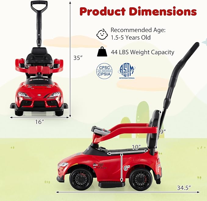 Costzon Push Car for Toddlers, 3 in 1 Toyota Licensed Stroller Sliding Walking Car w/Handle, Music, Safety Guardrail, Under-Seat Storage, Foot-to-Floor Kids Ride On Toys for Boys Girls (Red)