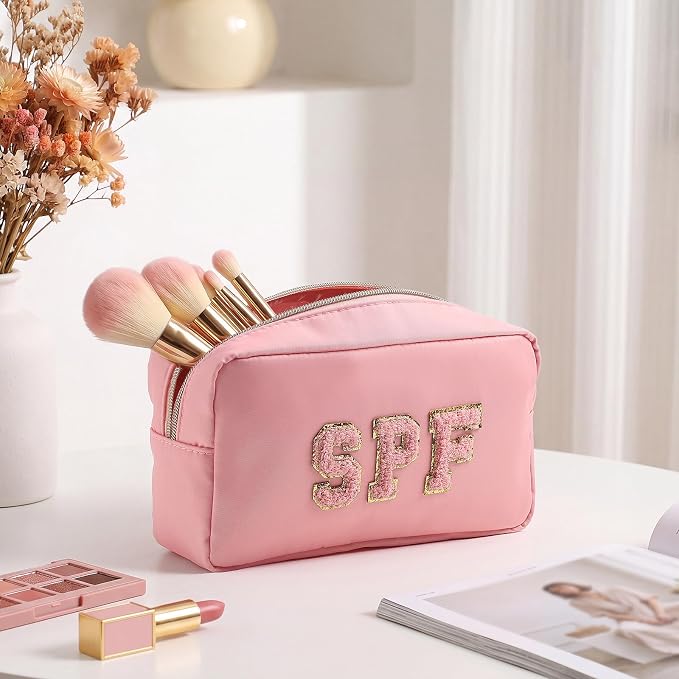 Preppy Makeup Bags Chenille Letter Stuff Bag Nylon Cosmetic Pouch Cases with Zipper for Women Travel Toiletry (Resort Colors,Classic,4 Pcs)